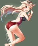  alternate_costume ass blonde_hair competition_swimsuit dated fang feet_out_of_frame from_behind grey_background hair_flaps hair_ornament hair_ribbon hairclip kantai_collection long_hair looking_at_viewer minase_(takaoka_nanase) one-piece_swimsuit open_mouth red_eyes red_swimsuit remodel_(kantai_collection) ribbon simple_background smile solo swimsuit twitter_username yuudachi_(kantai_collection) 