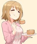  =_= ^_^ argyle bangs baumkuchen blush breasts cake closed_eyes closed_mouth crumbs dated dot_nose eating eyebrows_visible_through_hair food food_on_face foodgasm fork glutton holding holding_fork holding_plate idolmaster idolmaster_cinderella_girls jacket light_brown_hair medium_breasts mimura_kanako nagian pink_jacket pink_shirt plate shirt short_hair simple_background smile solo upper_body yellow_background 