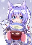  animal animal_ears blue_eyes blue_hair dog highres koyomi_(shironeko_project) mittens pot quad_braids scarf shironeko_project smile snowflakes soramame_pikuto steam stew tarou_(shironeko_project) winter_clothes wolf_ears woollen_cap 