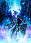  abs blue_fire claws commentary_request demon demon_boy demon_horns demon_wings fallen_angel fantasy feathers fire glowing glowing_eyes glowing_hair horns long_hair lucifer_(shin_megami_tensei) male_focus multiple_wings red_eyes scales shin_megami_tensei sive solo spines teeth wings 