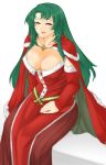  1girl belt breasts cape cecilia_(fire_emblem) cleavage dress elbow_gloves eyes_closed fire_emblem fire_emblem:_fuuin_no_tsurugi fire_emblem_heroes fur_trim gloves green_hair highres long_hair medium_breasts nintendo open_mouth red_dress red_gloves solo strapless strapless_dress tridisart 
