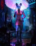  2016 african_wild_dog canine clothing cybernetics cyberpunk cyborg detailed_background female gasmask_(artist) kace_(ruse63) looking_at_viewer machine mammal prosthetic_arm purse raining skirt solo umbrella 