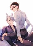  animal_ears black_hair blue-framed_eyewear blue_eyes brown_eyes collared_shirt extra_ears glasses hair_slicked_back katsuki_yuuri kuroemon looking_back male_focus multiple_boys open_clothes open_shirt shirt silver_hair sitting sitting_on_person tail viktor_nikiforov wolf_ears wolf_tail yaoi yuri!!!_on_ice 