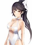  arms_at_sides azur_lane bangs bare_shoulders black_hair blunt_bangs blush breasts casual_one-piece_swimsuit cleavage closed_mouth covered_navel criss-cross_halter eyebrows_visible_through_hair hair_ribbon halterneck high_ponytail highleg highleg_swimsuit large_breasts light_frown long_hair nannacy7 one-piece_swimsuit ponytail ribbon see-through simple_background solo swimsuit takao_(azur_lane) upper_body white_background white_ribbon white_swimsuit 
