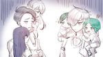  androgynous antarcticite blue_eyes blue_hair cairngorm_(houseki_no_kuni) carrying casual child dual_persona ghost_quartz_(houseki_no_kuni) green_eyes green_hair grey_eyes grey_hair highres houseki_no_kuni kkkminjung97139 lapis_lazuli_(houseki_no_kuni) long_hair multiple_others phosphophyllite short_hair sitting sitting_on_person sitting_on_shoulder time_paradox white_eyes white_hair younger 