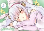  :o animal_ears azur_lane bangs blush bunny_ears camisole closed_eyes commentary_request eyebrows_visible_through_hair green_background hair_ornament hairband jacket laffey_(azur_lane) lap_pillow long_hair long_sleeves lying off_shoulder on_side parted_lips pink_jacket red_hairband silver_hair solo_focus sou_(soutennkouchi) spoken_sweatdrop sweatdrop twintails twitter_username white_camisole 