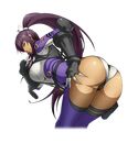  amanomiya_ayame ass bent_over bodysuit cropped_legs dark_skin gloves hand_on_hip high_ponytail long_hair looking_at_viewer official_art parted_lips purple_hair solo super_robot_wars super_robot_wars_x-omega transparent_background watanabe_wataru 
