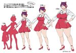  age_comparison age_progression bobobo bow breasts chart choker comparison dress full_body gegege_no_kitarou hair_bow hand_on_hip height_chart high_heels highres huge_breasts looking_at_viewer nekomusume nekomusume_(gegege_no_kitarou_6) pointy_ears purple_hair red_choker red_dress red_footwear short_dress short_hair standing translation_request yellow_eyes 