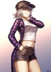 1girl bangs black_shorts breasts brown_hat casual coat cowboy_shot crop_top eyebrows_visible_through_hair fate/grand_order fate_(series) gradient gradient_background hand_in_pocket hand_on_own_neck hat highres jeanne_d&#039;arc_(alter)_(fate) jeanne_d&#039;arc_(fate)_(all) large_breasts looking_at_viewer mashu_003 medium_breasts midriff navel open_clothes open_coat purple_coat short_hair short_shorts shorts sidelocks signature silver_hair simple_background solo stomach tsurime twitter_username white_crop_top yellow_eyes 