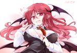  artist_name black_wings breasts covered_nipples fangs fumitsuki_(minaduki_6) hair_between_eyes head_wings heart heart-shaped_pupils koakuma large_breasts long_hair long_sleeves looking_at_viewer lying on_back open_mouth red_eyes red_hair red_neckwear shirt smile solo symbol-shaped_pupils touhou unbuttoned unbuttoned_shirt vest white_shirt wings 