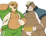  2017 5_fingers anthro ashigara bear clothed clothing drks duo eyebrows eyewear facial_hair front_view glasses hat looking_at_viewer male mammal mohawk muscular muscular_male open_shirt overweight simple_background slightly_chubby smile standing straw_hat sumo_wrestler tokyo_afterschool_summoners volos white_background 