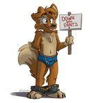  barefoot blep blue_pants blue_underwear briefs bulge canine chest_tuft clothed clothing dipstick_tail dog english_text eyebrows gloves_(marking) green_eyes jeans male mammal markings multicolored_tail navel pants pants_down partially_clothed sign simple_background text thesepantsdontfit tinydeerguy tongue tongue_out topless tuft underwear white_background 