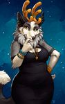  2018 5_fingers anthro antlers black_claws black_clothing black_dress black_eyebrows black_fur black_nose black_tail bracelet breasts brown_horn canine cervine cheek_tuft claws clothed clothing digital_media_(artwork) dipstick_tail dress ear_piercing eyebrows female fox front_view fur grey_fur hand_on_hip horn hybrid inner_ear_fluff jewelry looking_at_viewer mammal multicolored_fur multicolored_tail neck_tuft necklace piercing portrait reindeer ruby_defora signature smile snout solo standing tasanko three-quarter_portrait tuft two_tone_tail white_fur white_tail yellow_eyes 