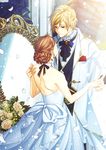  1girl backless_dress backless_outfit blonde_hair blue_eyes brown_hair dress earrings eye_contact flower formal fuma_(fuh) height_difference hetero highres ikemen_oukuyuu:_mayonaka_no_cinderella jewelry looking_at_another mirror petals pocket_square suit tiara white_dress white_suit 