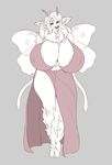  anthro arthropod big_breasts boosterpang breasts caprine clothed clothing female goat greyscale huge_breasts hybrid insect looking_at_viewer mammal monochrome moth nipple_bulge smile solo standing voluptuous wings 
