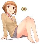  arm_support bangs bare_legs barefoot blunt_bangs brown_cardigan brown_eyes brown_hair cardigan closed_mouth collared_shirt dated dot_nose eyebrows_visible_through_hair feet full_body grey_skirt idolmaster idolmaster_cinderella_girls kitami_yuzu knees_together_feet_apart knees_up leaning_back looking_at_viewer nagian necktie pleated_skirt red_neckwear school_uniform shiny shiny_hair shirt short_hair sitting skirt smile solo speech_bubble tareme tongue tongue_out white_shirt 