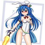  adapted_costume animal_ears blue_hair blush bunny_ears bunny_girl bunny_tail bunnysuit cowboy_shot detached_collar fire flat_chest flying_sweatdrops hinanawi_tenshi leotard long_hair mail_(mail_gell) neck_ribbon red_eyes red_ribbon ribbon solo standing strapless strapless_leotard sword_of_hisou tail touhou white_leotard wrist_cuffs 