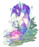  2017 ambiguous_gender blue_eyes cervine clockbirds cosmic_fur cosmic_hair countershading deer feral fur horn illuima lily_pad looking_back lotus_flower mammal nature outside partially_submerged plant pond portrait purple_fur simple_background solo water water_drop waterfall white_background white_countershading 