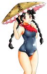  ajirogasa black_hair blush braid breasts d-m_(dii_emu) earlobes eyebrows_visible_through_hair hat highres kerchief long_hair medium_breasts one-piece_swimsuit open_mouth red_eyes school_swimsuit smile solo swimsuit touhou twin_braids yatadera_narumi 