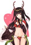  absurdres bikini black_hair breasts brown_eyes cape christmas fire_emblem fire_emblem:_kakusei fire_emblem_heroes hand_to_own_mouth highres horns lishu_jun long_hair medium_breasts navel simple_background smile solo swimsuit tharja tiara two_side_up white_background 