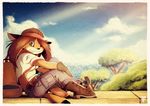  anthro backpack belt boots brown_hair caracal cargo_pants clothed clothing cloud fangs feline female footwear fox-pop green_eyes hair headband horizon karen_caracal long_hair looking_at_viewer mammal outside pants safari sea sitting sky solo tree water 