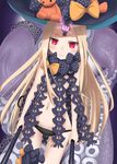  abigail_williams_(fate/grand_order) bangs black_bow black_hat black_panties blonde_hair blush bow closed_mouth commentary_request eyebrows_visible_through_hair fate/grand_order fate_(series) groin hat hat_bow highres holding holding_key key long_hair looking_at_viewer navel orange_bow panties parted_bangs polka_dot polka_dot_bow red_eyes revealing_clothes skull_print smile solo stuffed_animal stuffed_toy suction_cups sxmi teddy_bear tentacles underwear very_long_hair witch_hat 