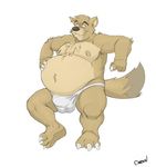  2018 anthro belly big_belly brown_fur bulge canine canson chest_tuft claws fangs fur hand_on_stomach male mammal nipple_piercing nipples overweight piercing simple_background smile tuft whiskers white_background 