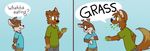  canine cervine clothed clothing comic deer dialogue dog eating english_text fully_clothed grass mammal pants shirt text thesepantsdontfit tinydeerguy 