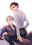  black_hair blue-framed_eyewear blue_eyes brown_eyes collared_shirt glasses hair_slicked_back katsuki_yuuri kuroemon looking_back lying male_focus multiple_boys on_back open_clothes open_mouth open_shirt shirt silver_hair sitting sitting_on_person smile viktor_nikiforov yaoi yuri!!!_on_ice 