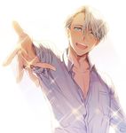  :d blue_eyes collared_shirt jewelry kuroemon male_focus open_clothes open_mouth open_shirt outstretched_hand ring shirt silver_hair smile sparkle viktor_nikiforov yuri!!!_on_ice 