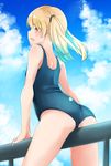  arm_support ass bare_arms bare_shoulders blonde_hair blue_sky blue_swimsuit blush cloud comah day hair_tie highres looking_at_viewer looking_back one-piece_swimsuit orange_eyes original outdoors parted_lips railing school_swimsuit shoulder_blades sky solo straddling swimsuit twintails 