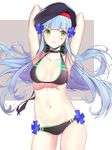  armpits arms_up artist_name assault_rifle bangs beret bikini black_bikini blue_hair blunt_bangs blush breasts closed_mouth collarbone commentary_request contrapposto damda eyebrows_visible_through_hair facial_mark floating_hair girls_frontline gun hair_ornament hat heckler_&amp;_koch hk416 hk416_(girls_frontline) long_hair looking_at_viewer looking_to_the_side medium_breasts navel rifle signature solo standing swimsuit teardrop thighs tsurime weapon 
