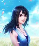  1girl bare_shoulders black_hair breasts brown_eyes closed_mouth feathers field final_fantasy final_fantasy_viii flower jewelry long_hair looking_at_viewer medium_breasts midorisa necklace rinoa_heartilly smile solo upper_body watermark 
