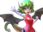 :d brown_eyes clenched_hand draco_centauros dragon_girl dragon_horns dragon_tail dragon_wings elbow_gloves fangs gloves green_hair horns looking_at_viewer open_mouth outstretched_hand pointy_ears puyopuyo short_hair smile solo standing tail white_background white_gloves wings yanzikatu 