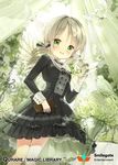 angel_wings bird black_dress candle candlestand dove dress drill_hair flower green_eyes grey_hair long_hair looking_at_viewer official_art qurare_magic_library siloteddy solo standing white_flower wings 
