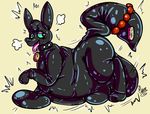  2017 animate_inanimate anthro balls beads black_collar blush canine collar digital_drawing_(artwork) digital_media_(artwork) dog feral green_eyes inflatable living_inflatable male mammal open_mouth shiny simple_background smile solo sweat tanukeki tongue tongue_out yellow_background 