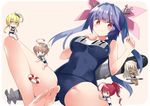  barefoot blue_hair blue_swimsuit chibi hair_ribbon i-168_(kantai_collection) i-19_(kantai_collection) i-58_(kantai_collection) i-8_(kantai_collection) kantai_collection kuhotaka lifebuoy long_hair lying multiple_girls name_tag one-piece_swimsuit pink_background red_eyes ribbon ro-500_(kantai_collection) school_swimsuit sleeping smile solo_focus star star-shaped_pupils striped striped_background swimsuit symbol-shaped_pupils torpedo tri_tails 