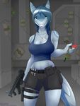  anthro blue_eyes breasts c4 cleavage clothed clothing colarix crop_top detonator dog_tags explosives female fish gun hair holding_object inside marine midriff mp5k nanja navel ranged_weapon shark sharp_teeth shirt shorts smile solo teeth weapon 