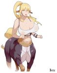  1girl animal_ears bangs bare_arms bare_shoulders bike_shorts blonde_hair bouncing_breasts breasts centaur centorea_shianus cleavage commentary crossed_bangs english_commentary erect_nipples hair_between_eyes highres horse_ears huge_breasts long_hair looking_at_viewer materclaws monster_girl monster_musume_no_iru_nichijou motion_lines parted_lips ponytail purple_eyes running signature simple_background solo white_background 