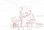  2018 anthro bowl canine chopsticks clothed clothing disney duo female fennec finnick food fox holding_object honey_(zootopia) honey_badger ittybittykittytittys licking licking_lips male mammal monochrome mustelid open_mouth open_smile red_and_white sitting smile tongue tongue_out zootopia 