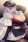  2017 ariesuzu_(ariessz) artist_name azur_lane bangs black_jacket bra bra_peek breasts brown_legwear buttons cape cleavage collarbone collared_shirt covered_nipples crossed_bangs dated eyebrows_visible_through_hair eyelashes fur_collar gradient gradient_background graf_zeppelin_(azur_lane) hair_between_eyes hat head_tilt iron_cross jacket large_breasts long_hair long_sleeves looking_at_viewer military military_hat military_uniform miniskirt pantyhose parted_lips peaked_cap pink_eyes pink_lips pleated_skirt shadow shiny shiny_skin shirt silver_hair sitting skirt solo underwear uniform white_bra white_cape white_shirt white_skirt 