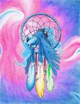 2017 abstract_background annoyed colored_pencil cosmic_hair crown cute cutie_mark dreamcatcher equine eyelashes feathered_wings feathers female friendship_is_magic frown full-length_portrait gradient_background horn makeup mammal mascara my_little_pony net nude pencil_(artwork) philo5 pink_background portrait princess_luna_(mlp) purple_background signature simple_background solo spiral_background suspended_in_midair teal_eyes traditional_media_(artwork) winged_unicorn wings 