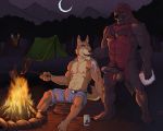  2016 4_toes 5:4 5_fingers abs anthro athletic badcoyote balls barefoot being_watched belt biceps black_fur black_nipples black_sclera blue_eyes brown_fur bulge campfire camping canine cervine claws clothed clothing cooking detailed_background digital_media_(artwork) duo erection erection_under_clothes facial_hair fangs feet fire food fur grin humanoid_penis looking_at_penis male male/male mammal moon moose multicolored_fur multicolored_penis muscular night nipples nude open_mouth outside partially_retracted_foreskin pecs penis plantigrade pubes red_eyes red_fur shorts sitting smile standing teeth tent toe_claws toes topless uncut ursine vein wolf 