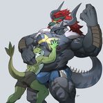  batzz_(buddyfight) biceps black_scales bulge clothing dragon future_card_buddyfight hair hug male muscular muscular_male nipples pecs red_hair rybiok scales shorts 