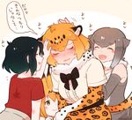  animal_ears bow bowtie commentary_request fingerless_gloves fur_collar gloves jaguar_(kemono_friends) jaguar_ears jaguar_print jaguar_tail kaban_(kemono_friends) kemono_friends multiple_girls one-piece_swimsuit otter_ears otter_tail petting serval_(kemono_friends) serval_ears seto_(harunadragon) small-clawed_otter_(kemono_friends) swimsuit tail thighhighs translated 