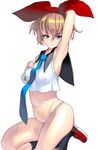  arm_up armpits ass black_legwear blonde_hair blue_eyes breasts brown_hair covered_nipples highres kneehighs looking_at_viewer masao navel original sailor_collar short_hair simple_background small_breasts smile solo white_background 
