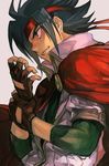  black_hair brown_gloves cape domon_kasshu fingerless_gloves from_side g_gundam gloves grey_background gundam hankuri headband high_collar long_sleeves male_focus parted_lips red_cape short_over_long_sleeves short_sleeves simple_background smile solo upper_body wing_collar wrist_grab 