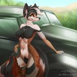  african_wild_dog anthro black_nipples black_nose breasts canine car female leaning looking_at_viewer mammal navel nipples outside p-v-s pussy solo standing vehicle yellow_eyes 