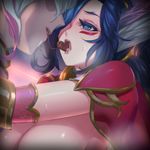  1girl blue_eyes blue_hair breasts breasts_outside chocolate chocolate_heart commentary_request eyelashes facial_mark food_in_mouth hair_over_one_eye half-closed_eyes heart heart-shaped_pupils heavy_breathing league_of_legends looking_at_another medium_breasts open_mouth pd_(pdpdlv1) rakan_(league_of_legends) saliva saliva_trail sweat symbol-shaped_pupils tongue valentine vambraces white_hair xayah 