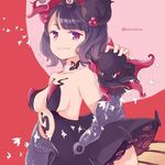  animal bangs bare_shoulders black_dress blunt_bangs breasts collarbone dress eyebrows eyebrows_visible_through_hair eyelashes fate/grand_order fate_(series) fingernails grin hair_ornament katsushika_hokusai_(fate/grand_order) kobayashi_kabura medium_breasts octopus purple_eyes purple_hair sea_anemone short_hair smile solo strapless strapless_dress teeth tokitarou_(fate/grand_order) twitter_username 